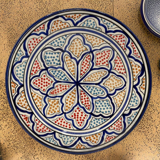 Håndmalet Marokkansk Terracottatallerken med Fod Marine - 27 cm Etnico del Mondo