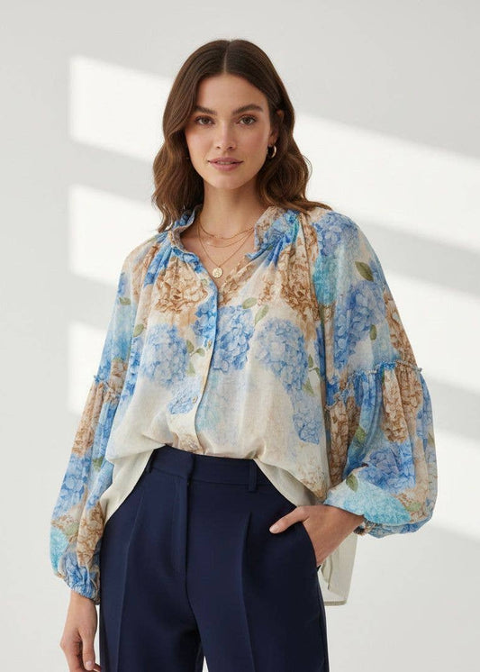 Blomstret Hyacint Voile Bluse med Puffærmer – Fås i Flere Farver Nota bene