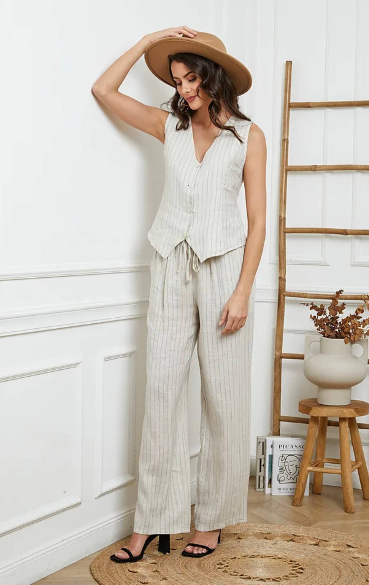 Bukser i 100% Hør Sort Stribet - One Size 38-42 | LÉA & LUC LÉA & LUC