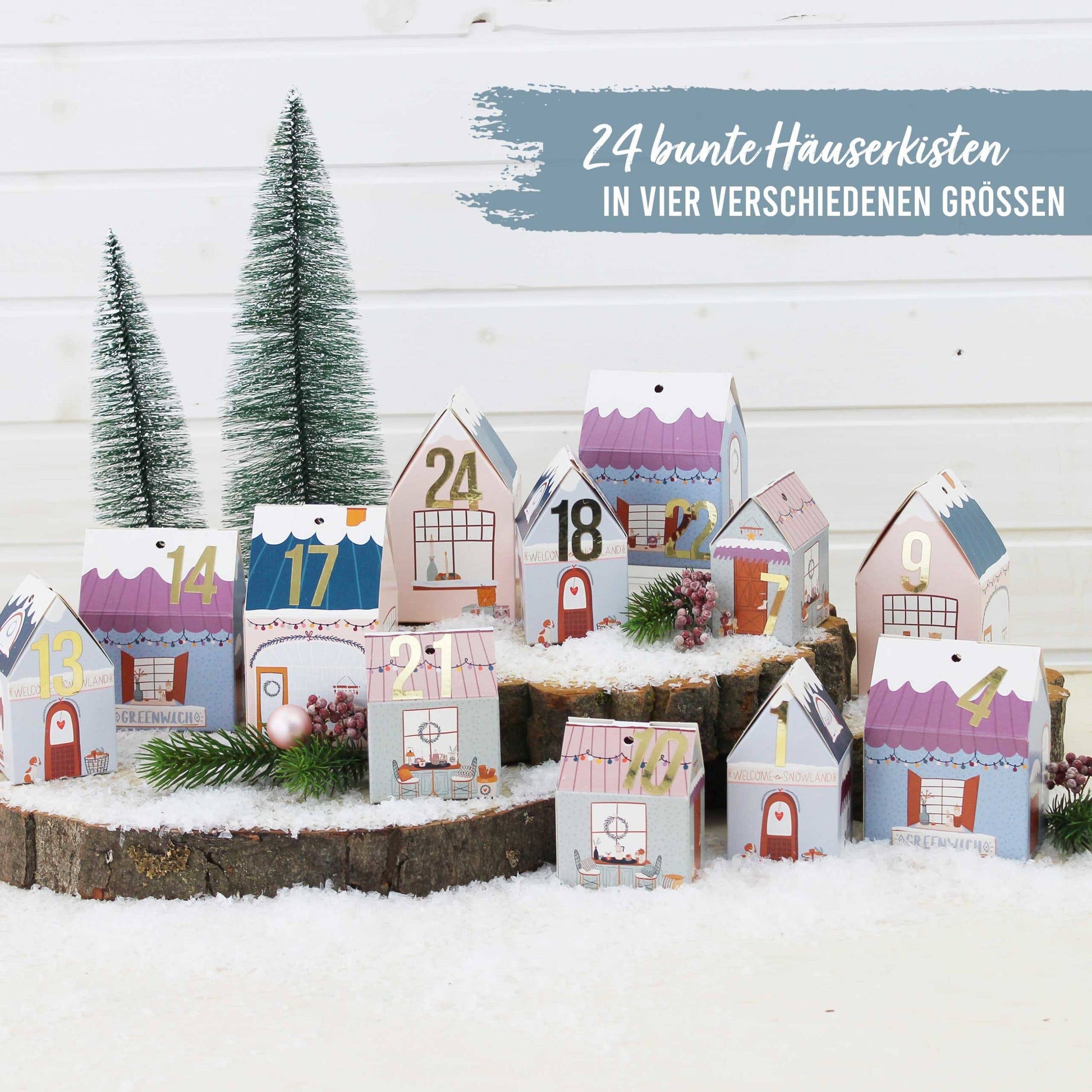 Adventskalender – 24 husæsker i farverig julelandsby | Papierdrachen Julepynt Papierdrachen