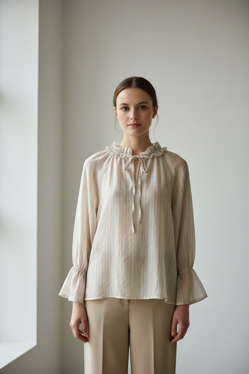 Stribet Voile Bluse med Flæsekrave – Fås i 5 Farver Bluser Nota Bene