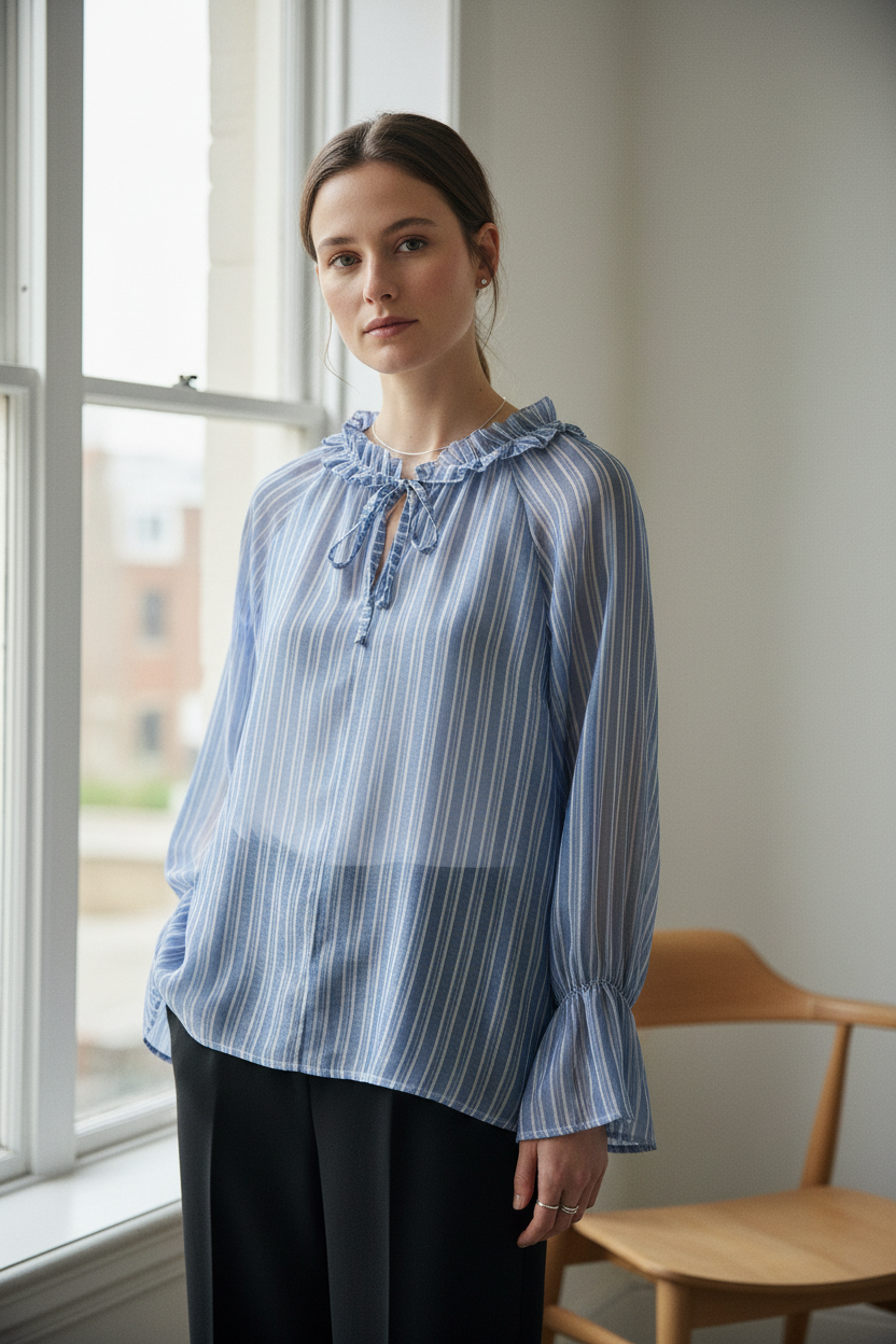 Stribet Voile Bluse med Flæsekrave – Fås i 5 Farver Bluser Nota Bene