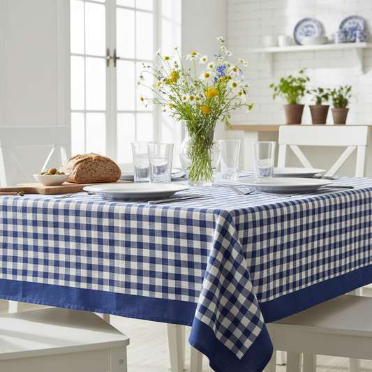 Blå og hvid småternet dug med kantbånd i flere størrelser duge Bamar Lifestyle