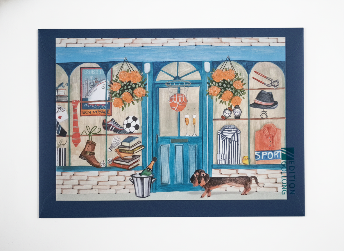 Kort 18,5x13cm med farvet kuvert kort Edition Gollong Butiksfacade med gravhund