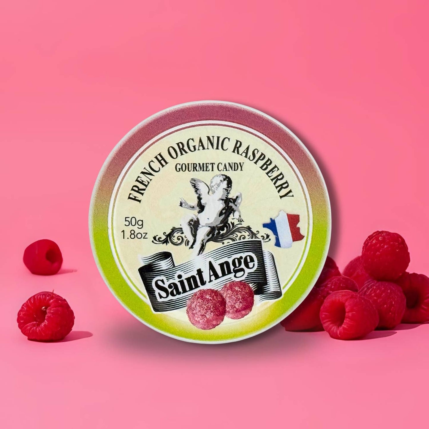Saint-Ange Økologisk Hindbær Pastiller 50g - BIO-Certificerede Franske Slik Bonbon-France