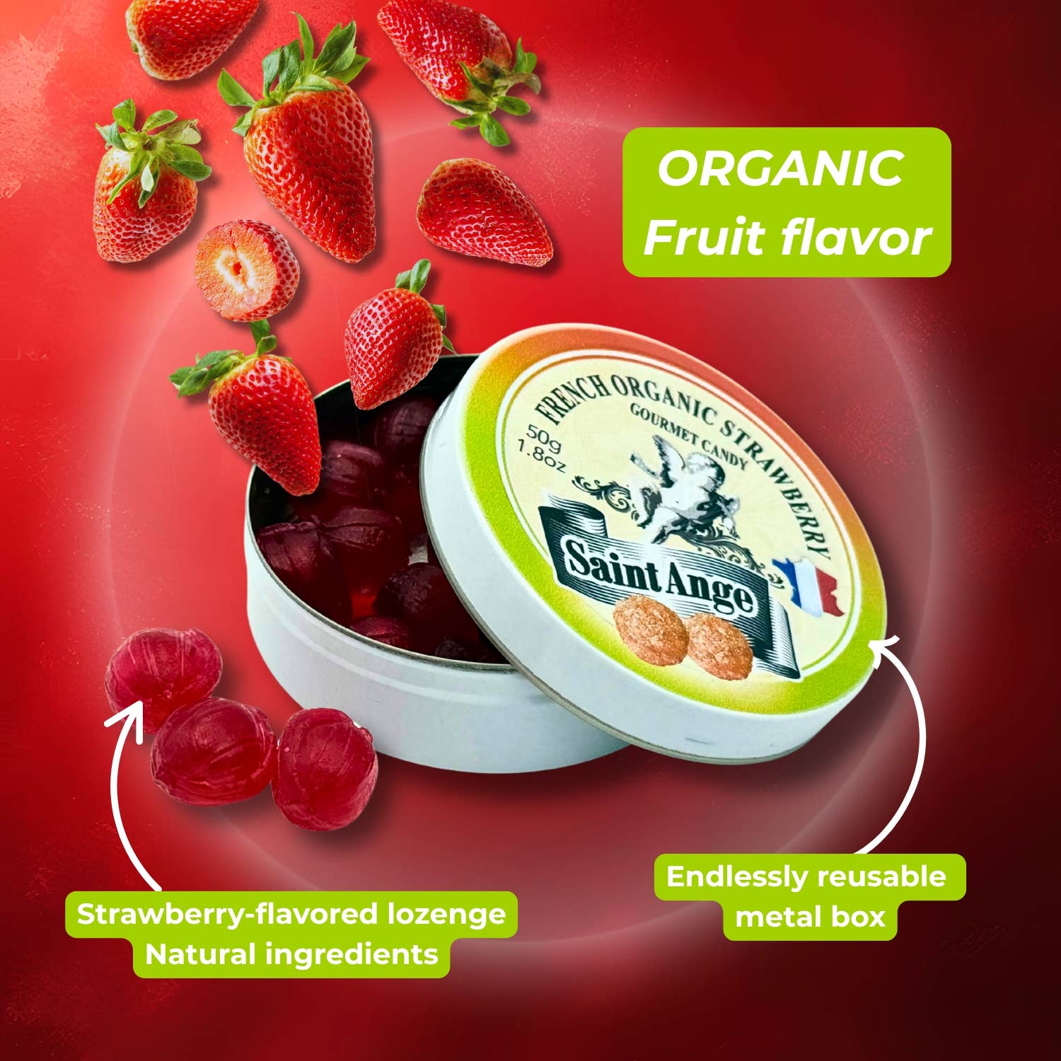 Saint-Ange Økologisk Jordbær Pastiller 50g - BIO-Certificerede Franske Slik Bonbon-France