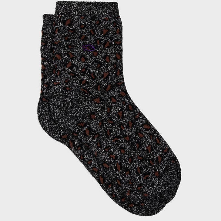 Glitrende Ankelstrømper med Leopardmønster - Sort & Sølv BILLYBELT