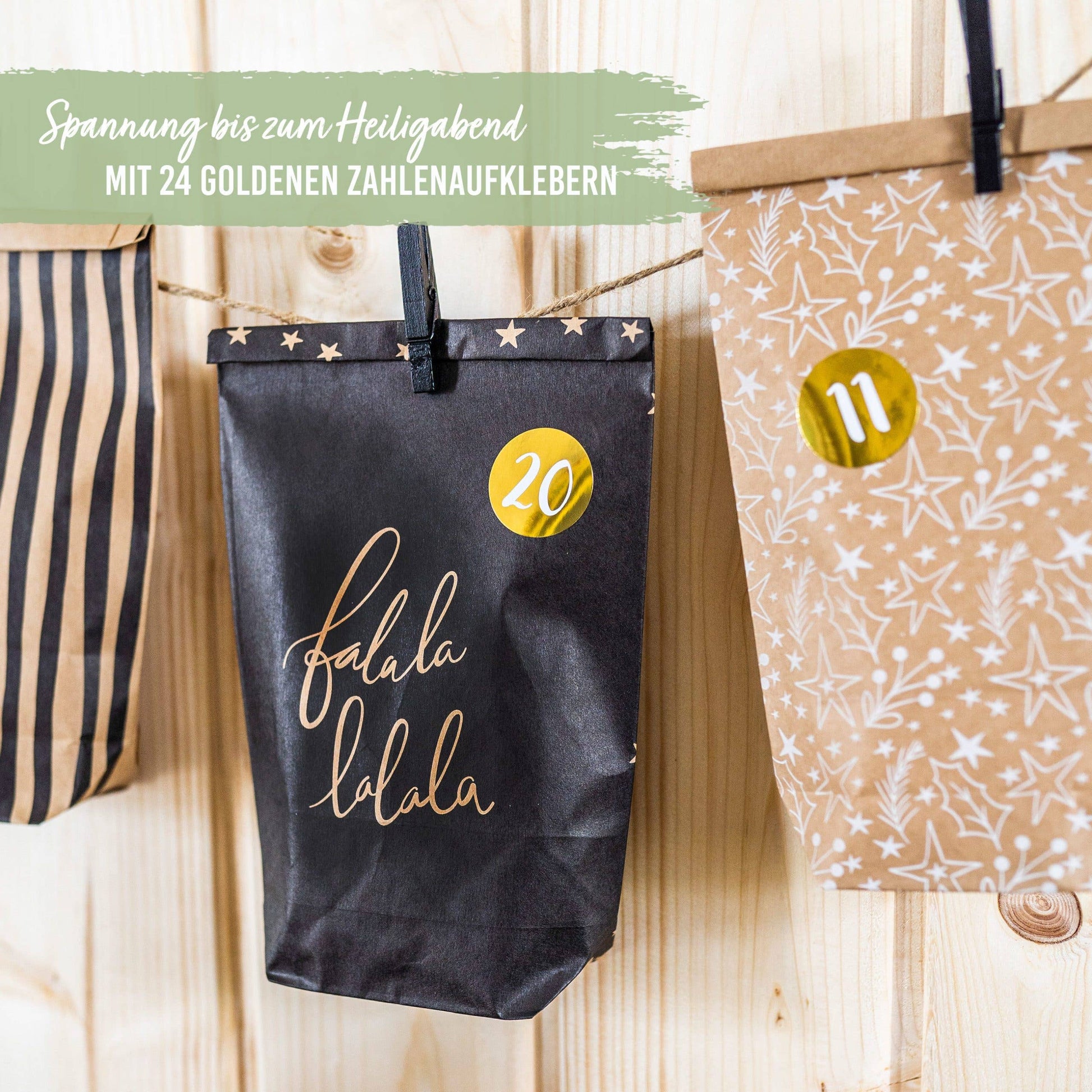 Gør-det-selv adventskalender – Holy Night – 24 brune kraftposer med træklemmer | Papierdrachen Højtidspynt Papierdrachen