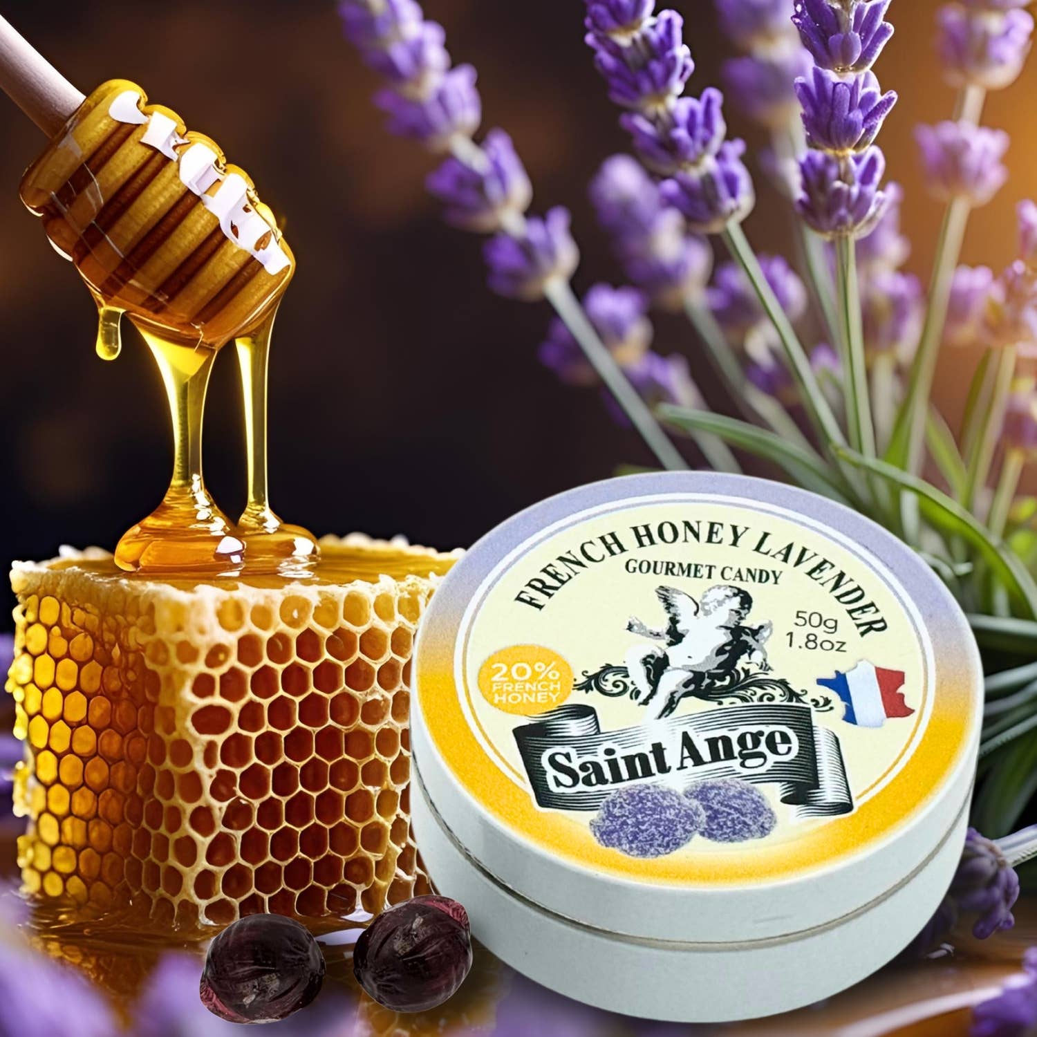 Saint-Ange Lavendel Honning Pastiller 50g - Traditionelle Franske Slik Bonbon-France