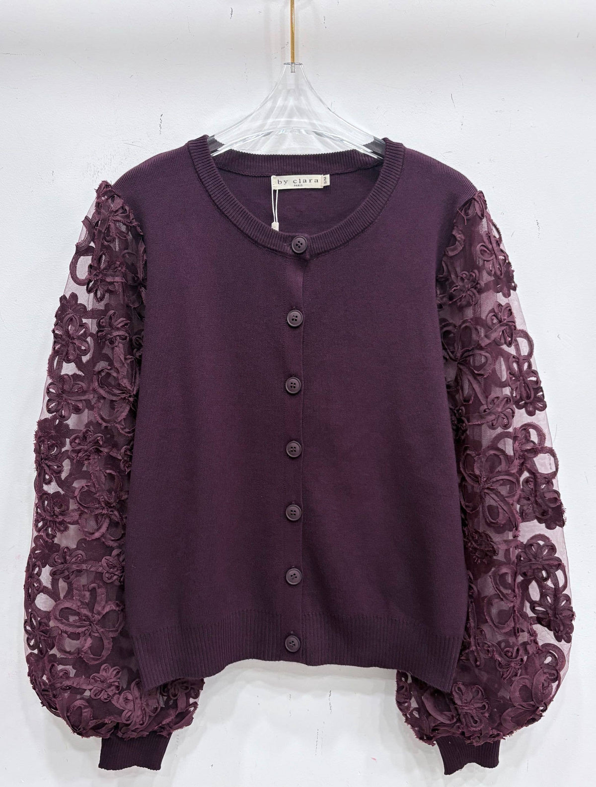By Clara cardigan med transparente blondeærmer Brun eller Plum Tøj By Clara M/L Brun
