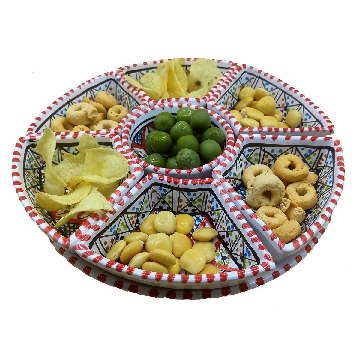Håndmalet Tunesisk Terracotta tapas fade med 7 Skåle Turkis kant Bitten CpH
