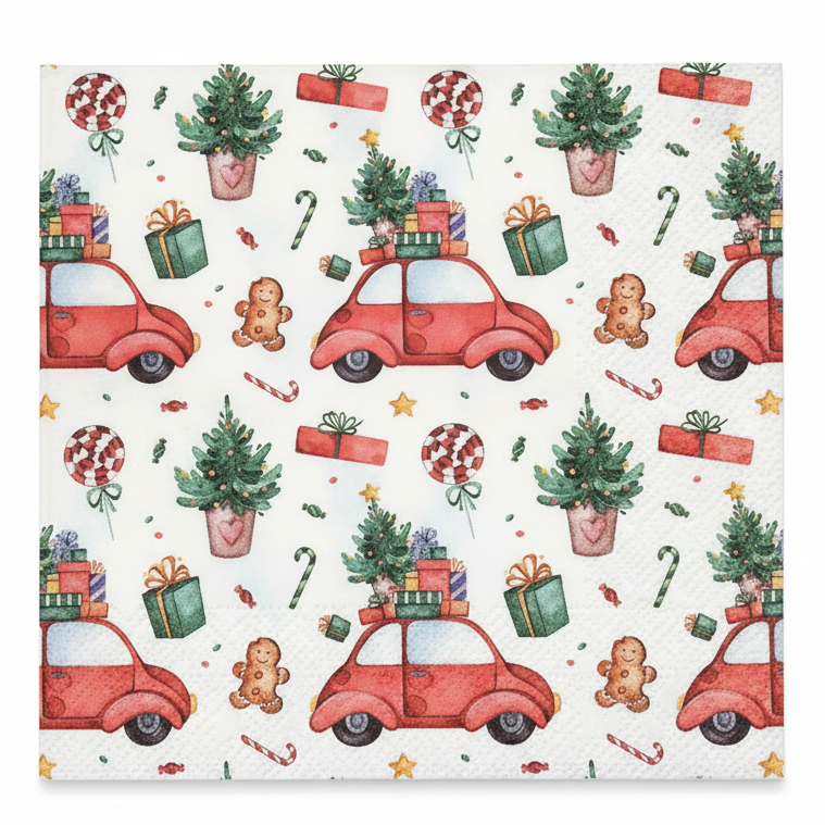 Juleservietter med Rød Bil Juletræ og slik - 20 stk jule serviet Victoria's design house