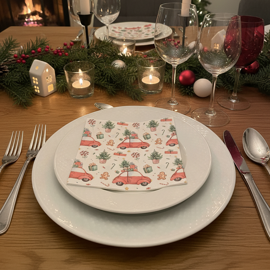 Juleservietter med Rød Bil Juletræ og slik - 20 stk jule serviet Victoria's design house