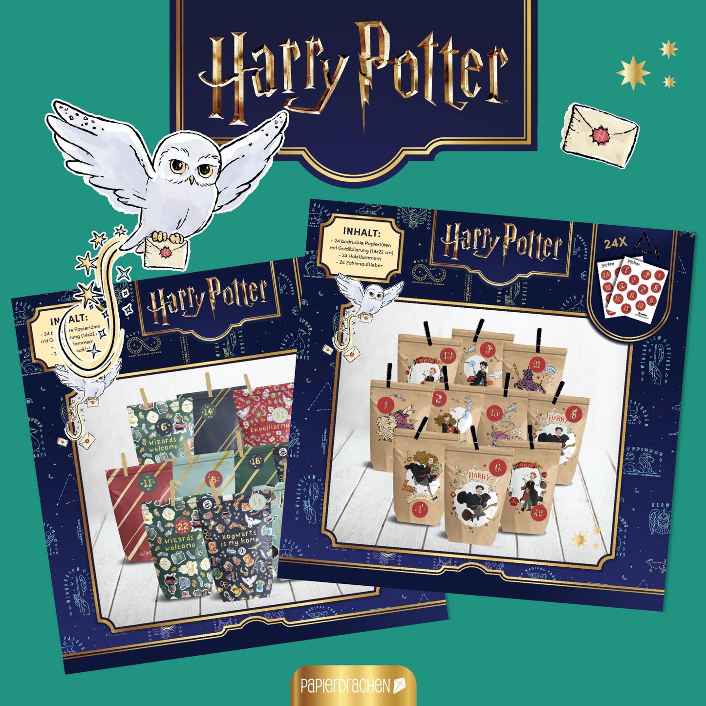 Gør-det-selv adventskalender – Harry Potter – 24 sorte trykte poser med træclips | Papierdrachen Højtidspynt Papierdrachen