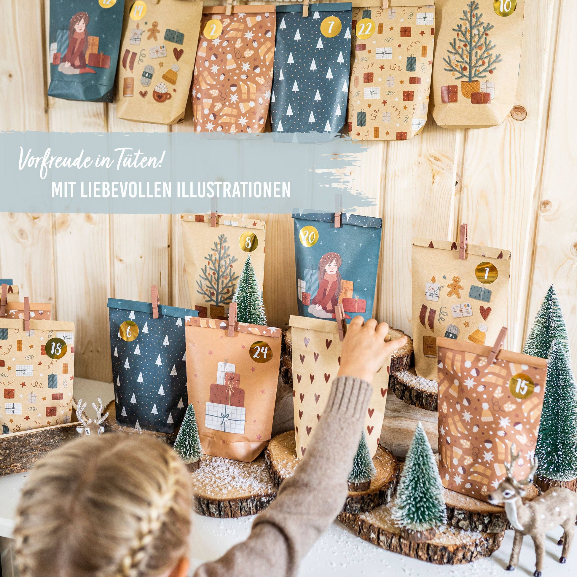 Gør-det-selv adventskalender – 24 trykte kraftpapirposer i petrol og brun | Papierdrachen Højtidspynt Papierdrachen