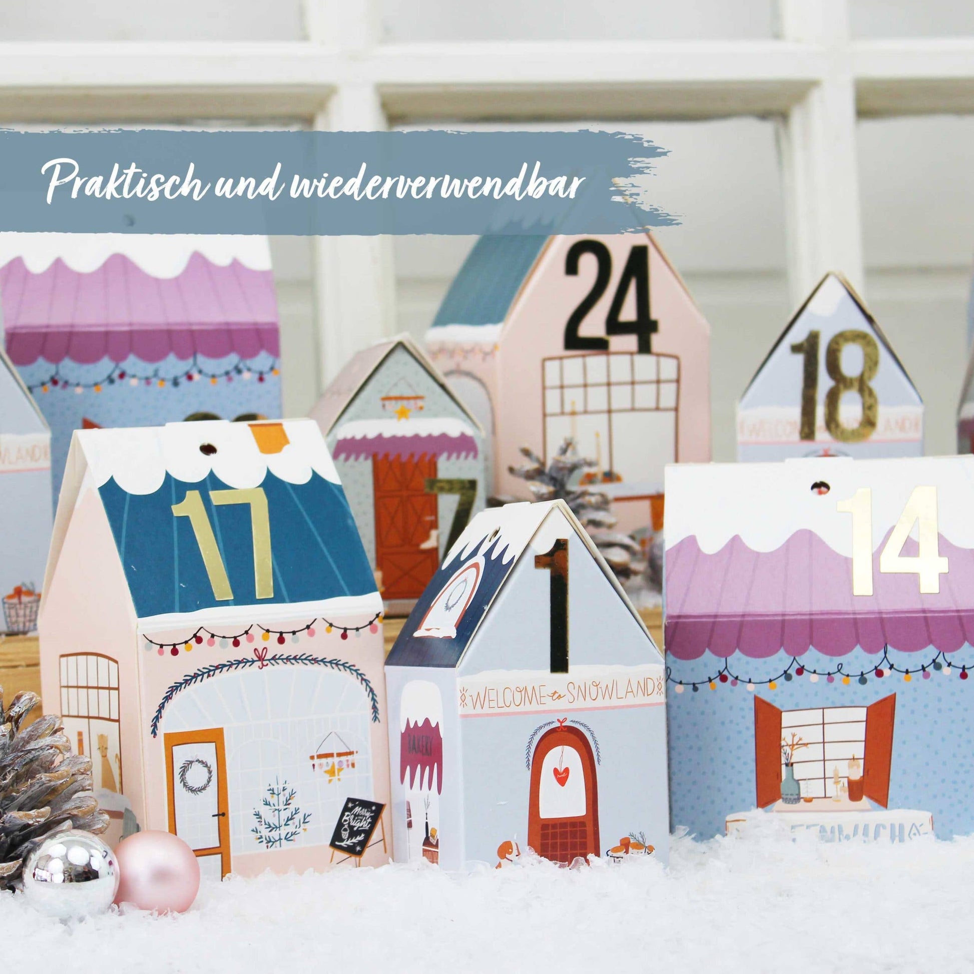 Adventskalender – 24 husæsker i farverig julelandsby | Papierdrachen Julepynt Papierdrachen