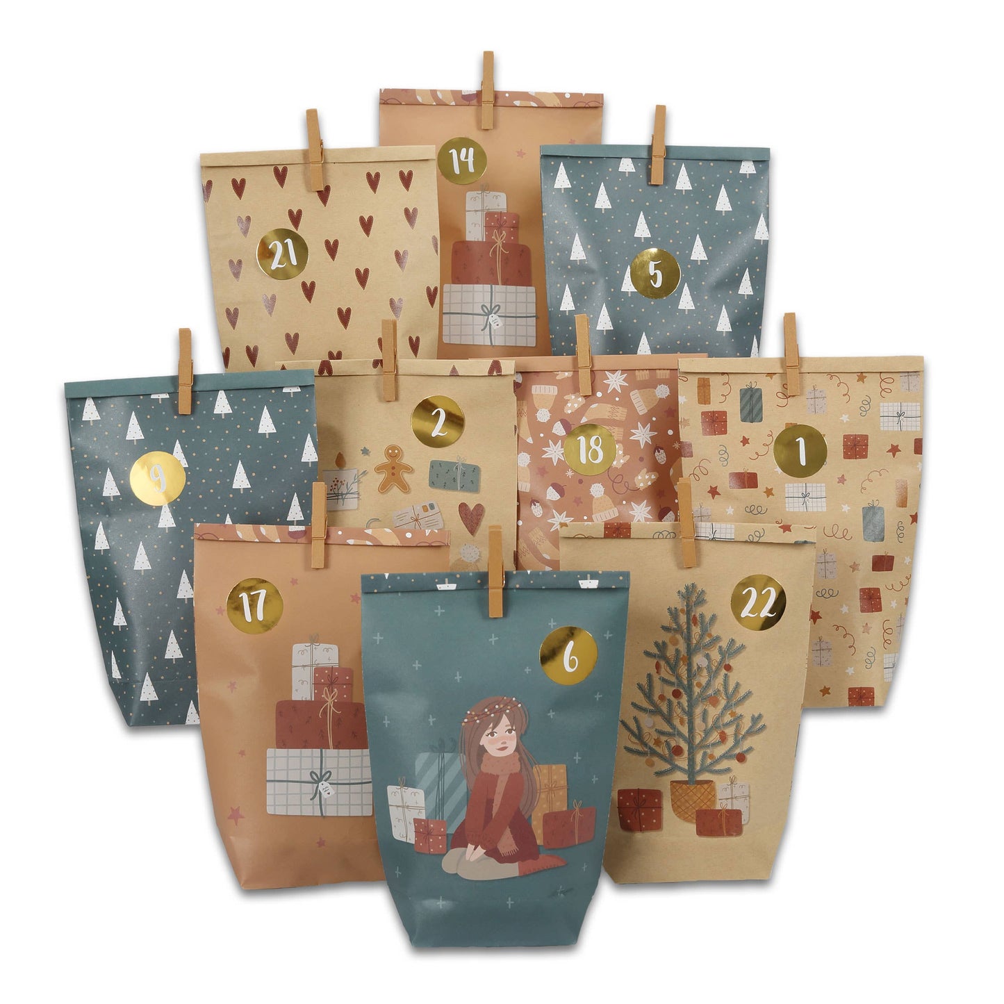 Gør-det-selv adventskalender – 24 trykte kraftpapirposer i petrol og brun | Papierdrachen Højtidspynt Papierdrachen