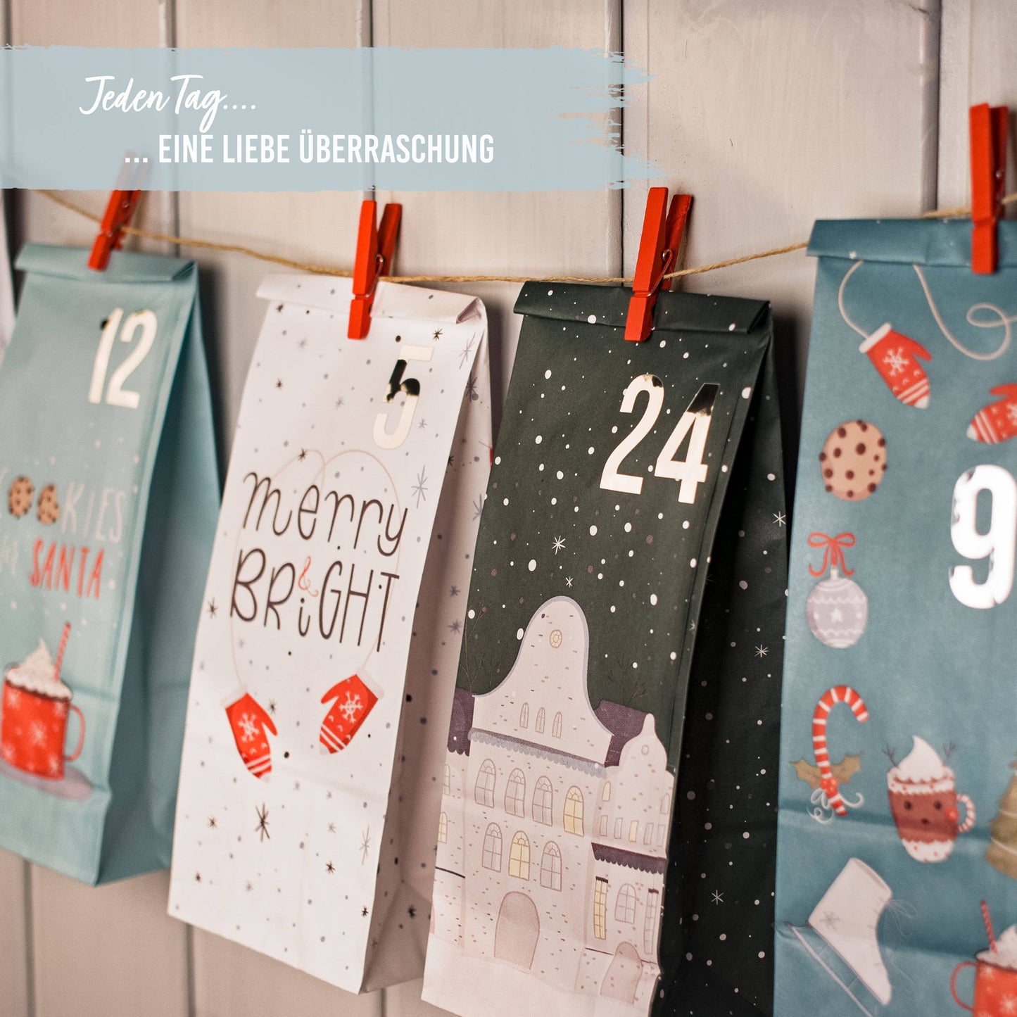 Gør-det-selv adventskalender – 24 juleblå kraftposer med tryk | Papierdrachen Højtidspynt Papierdrachen
