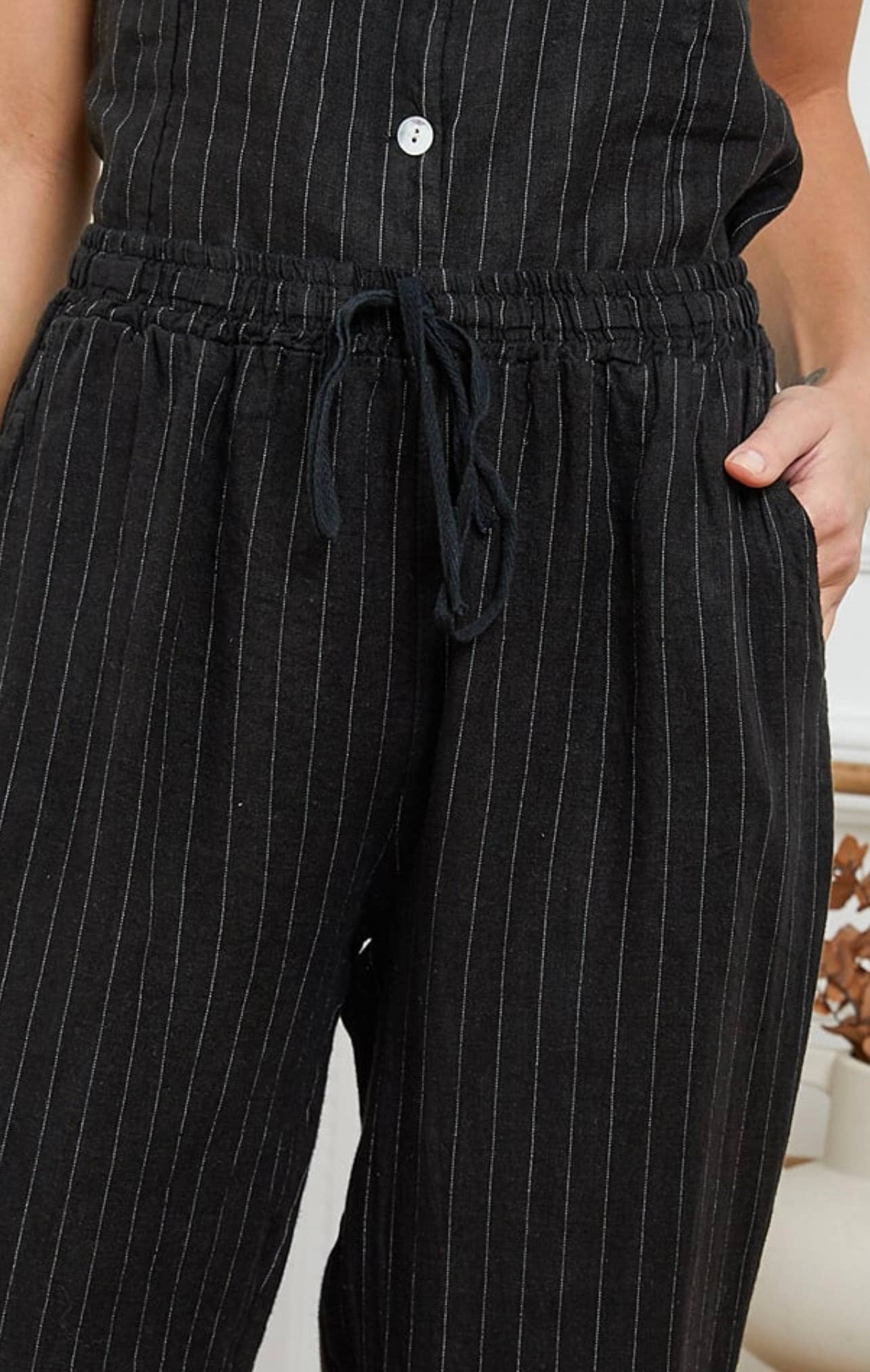 Bukser i 100% Hør Sort Stribet - One Size 38-42 | LÉA & LUC LÉA & LUC