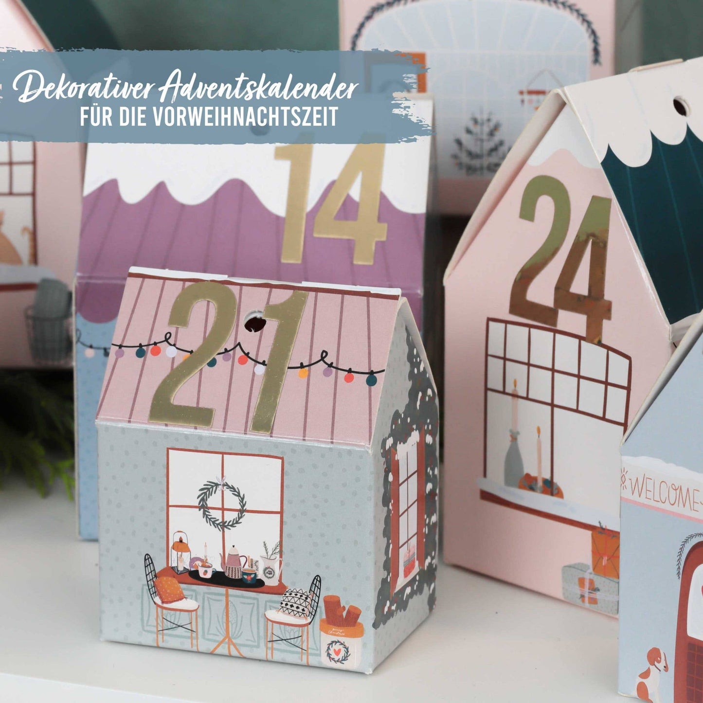 Adventskalender – 24 husæsker i farverig julelandsby | Papierdrachen Julepynt Papierdrachen