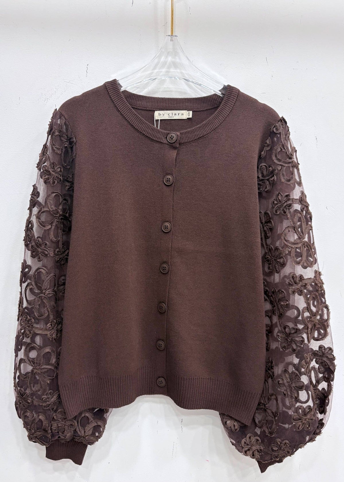 By Clara cardigan med transparente blondeærmer Brun eller Plum Tøj By Clara S/M Brun