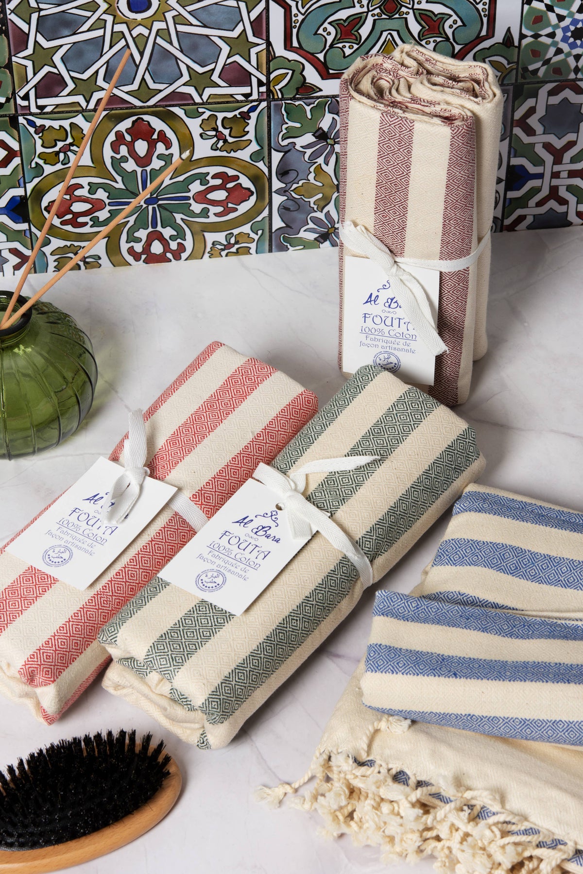 Fouta med lilla striber 100 % bomuld Al Bara Savon d'Alep