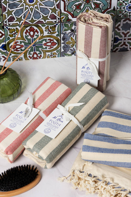 Rosa stribet fouta-håndklæde i 100 % bomuld Al Bara Savon d'Alep