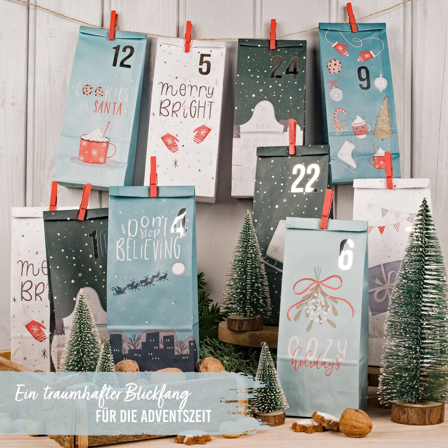 Gør-det-selv adventskalender – 24 juleblå kraftposer med tryk | Papierdrachen Højtidspynt Papierdrachen