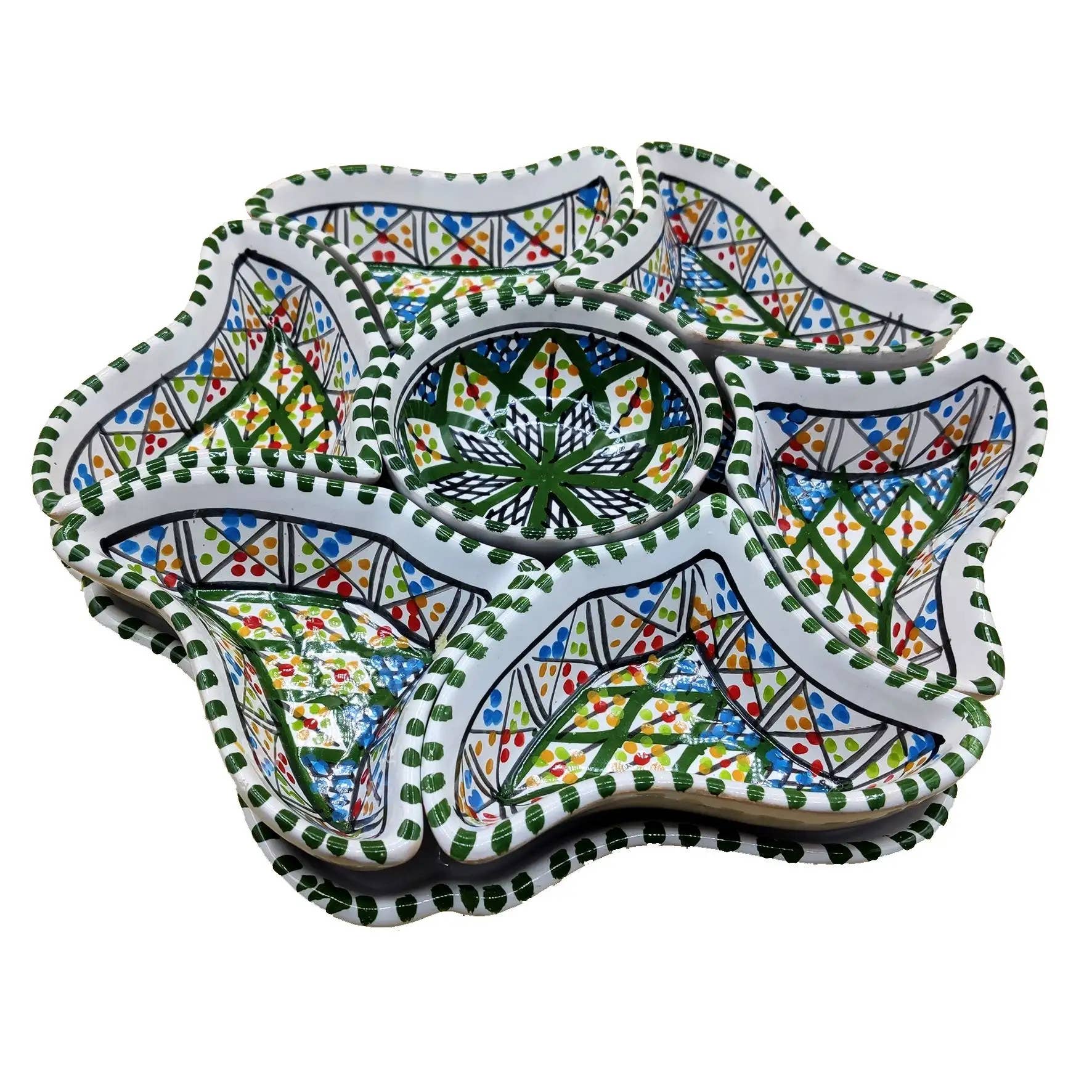 Håndmalet Tunesisk Terracotta tapas fade med 7 Skåle Blomsterform Grøn Etnico del Mondo