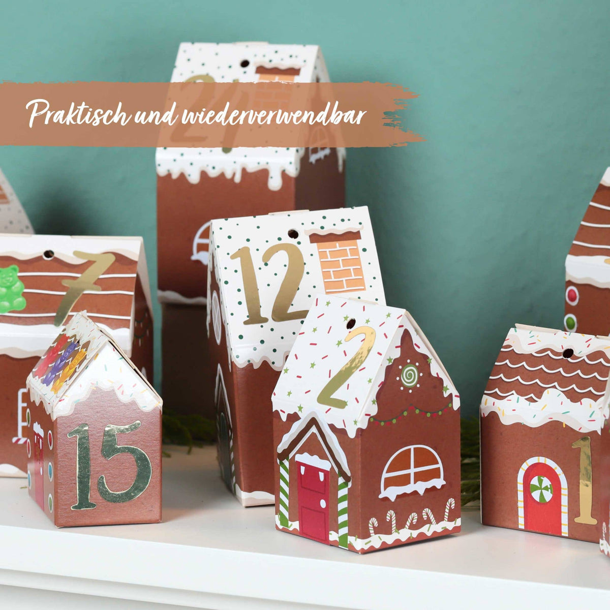 Adventskalender med 24 peberkagehuse i karton | Papierdrachen Højtidspynt Papierdrachen