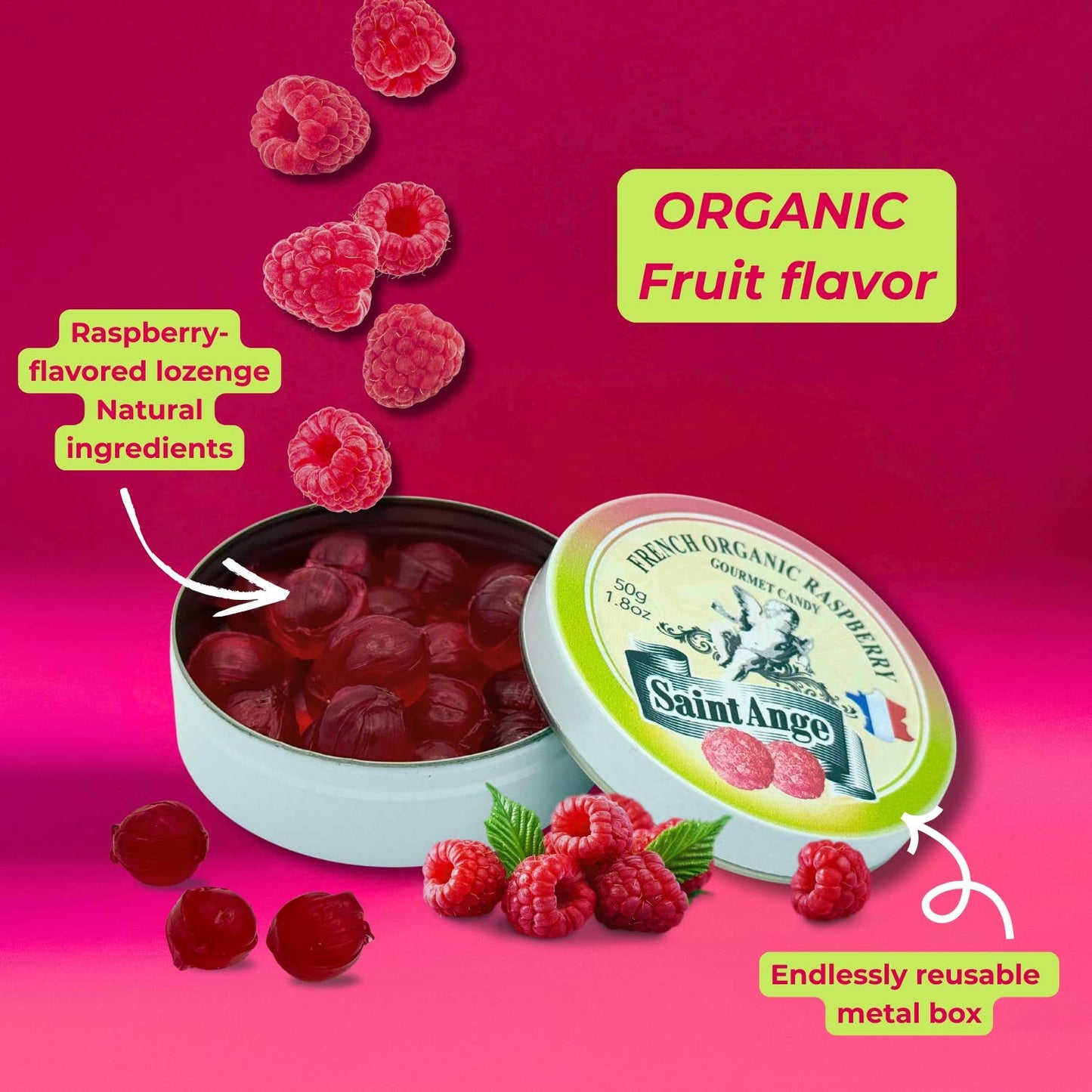 Saint-Ange Økologisk Hindbær Pastiller 50g - BIO-Certificerede Franske Slik Bonbon-France