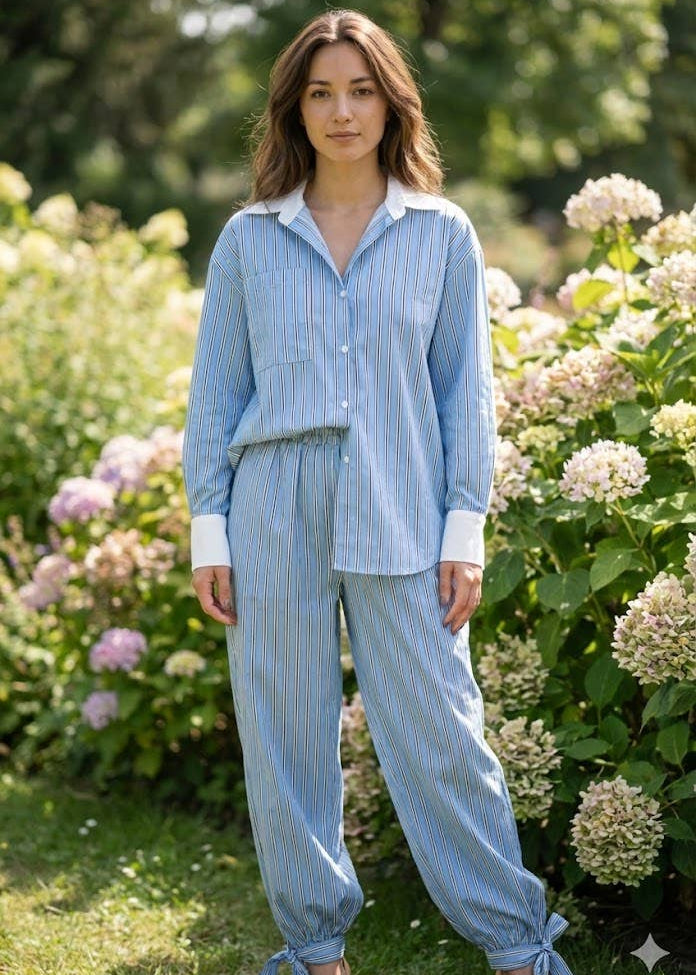 Stribede Løstsiddende Bukser med Snørelukning Lyseblå stribet - Victoria&Isaac VICTORIA&ISAAC