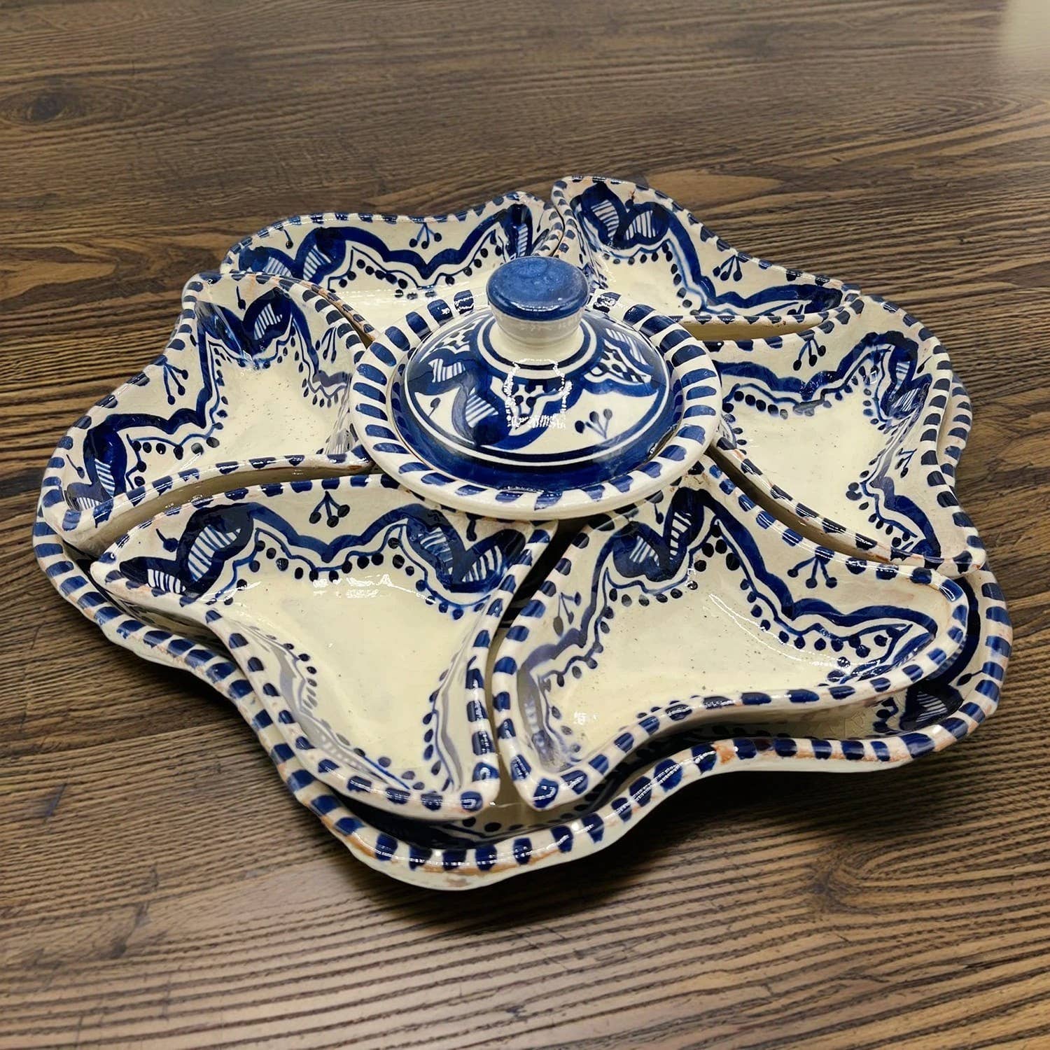 Håndmalet Marokkansk Terracotta Tapasfad med Skåle Blå - Blomsterform Etnico del Mondo