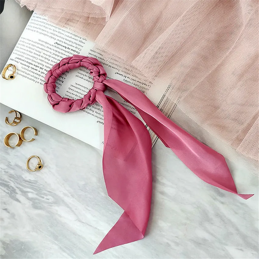 Hår elastik Scrunchie flet med sløjfe satin rosa