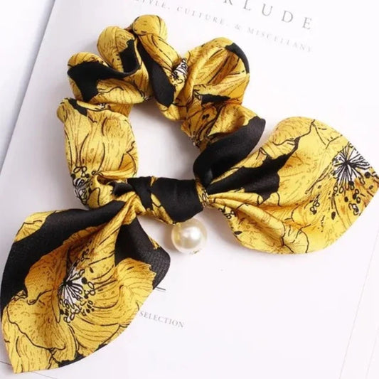 Hår elastik Scrunchie med sløjfe og perle sort sennep