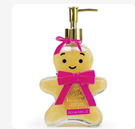 Julehåndsæbe Gingerbread Man 500 ml i peberkagefyr-formet flaske med guldpumpe og lyserød fløjlssløjfe