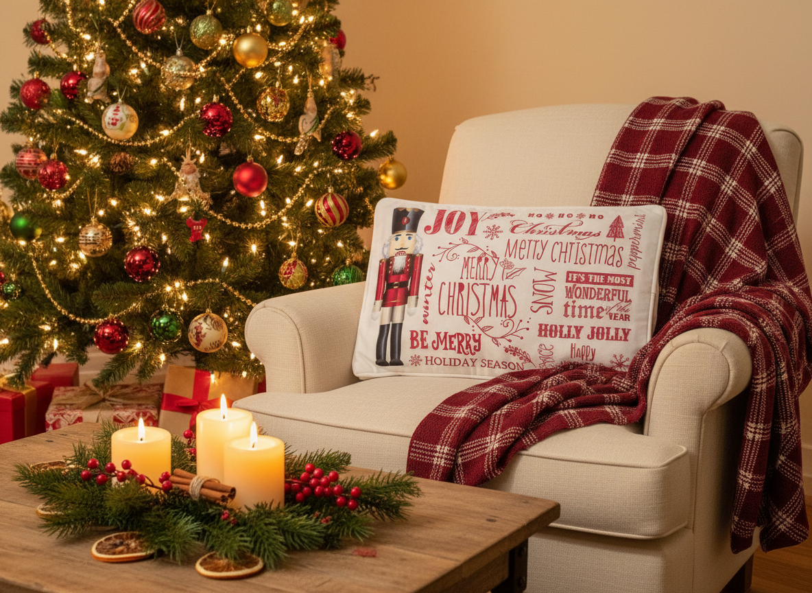 Julebillede med fyldt pude og juletræ