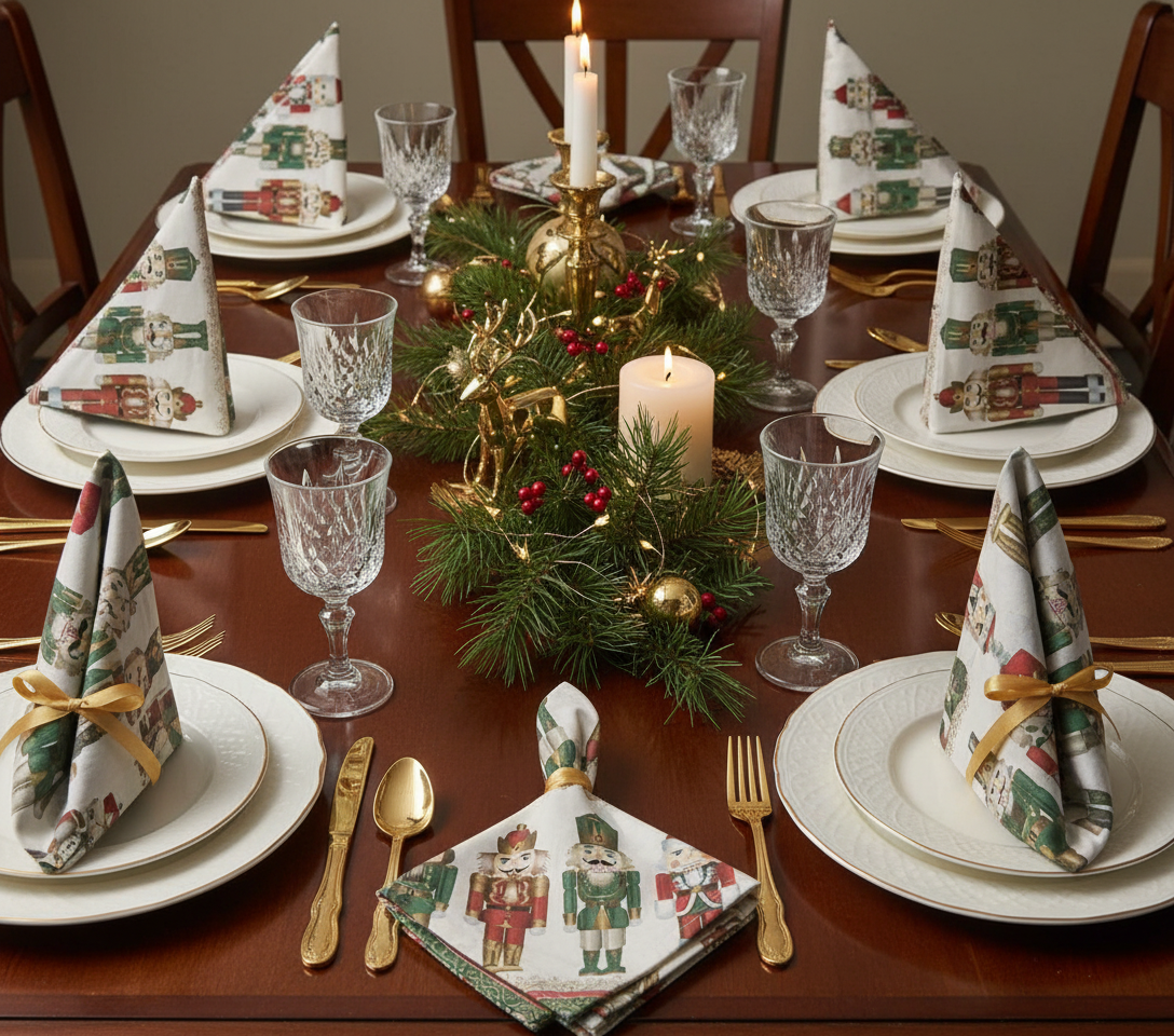 Julebord med foldede Nutcracker mundservietter