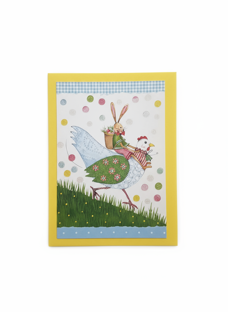 Kort 18,5x13cm med farvet kuvert kort Edition Gollong Påske hare og høne