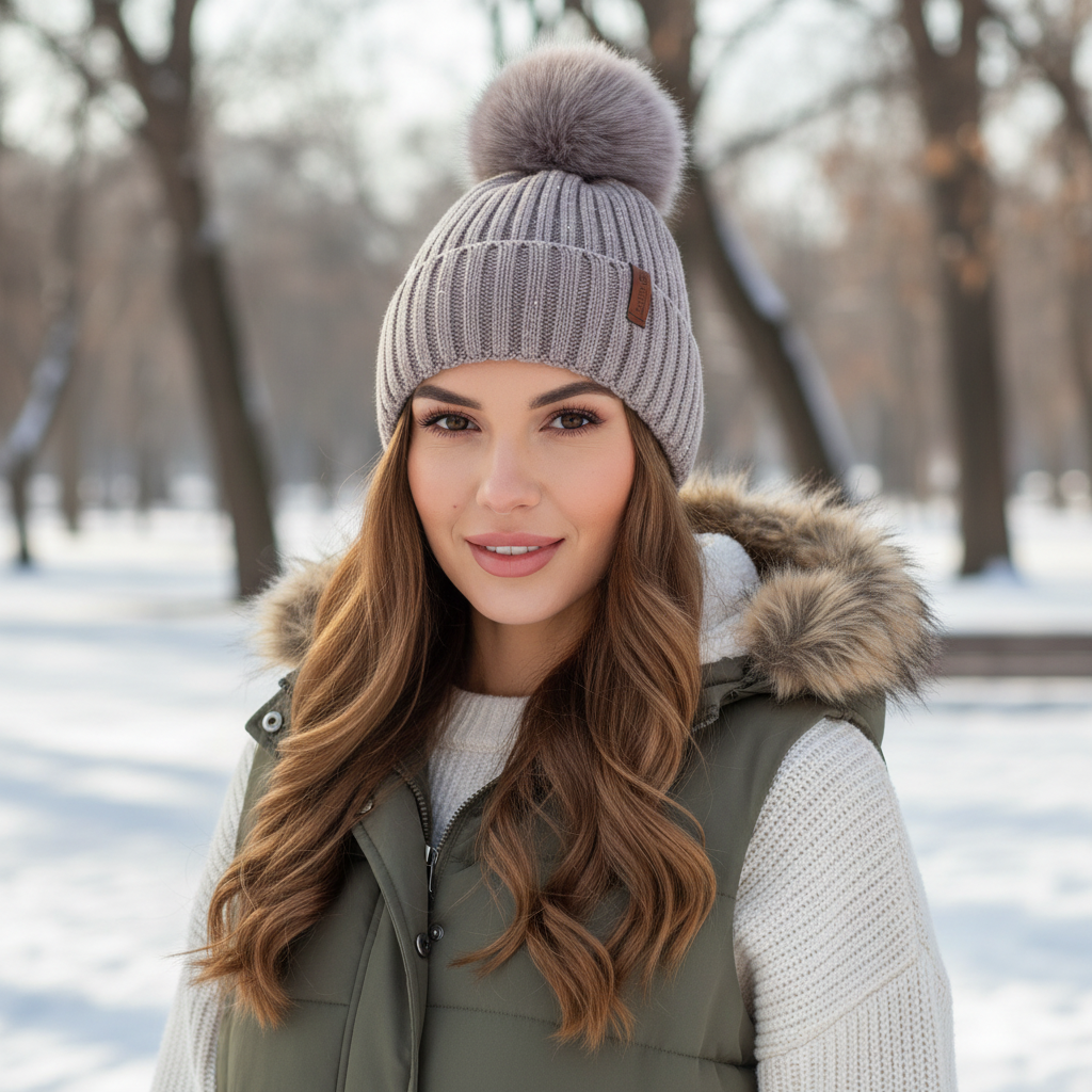 Kvinde med taupe glimmerhue med pom pom