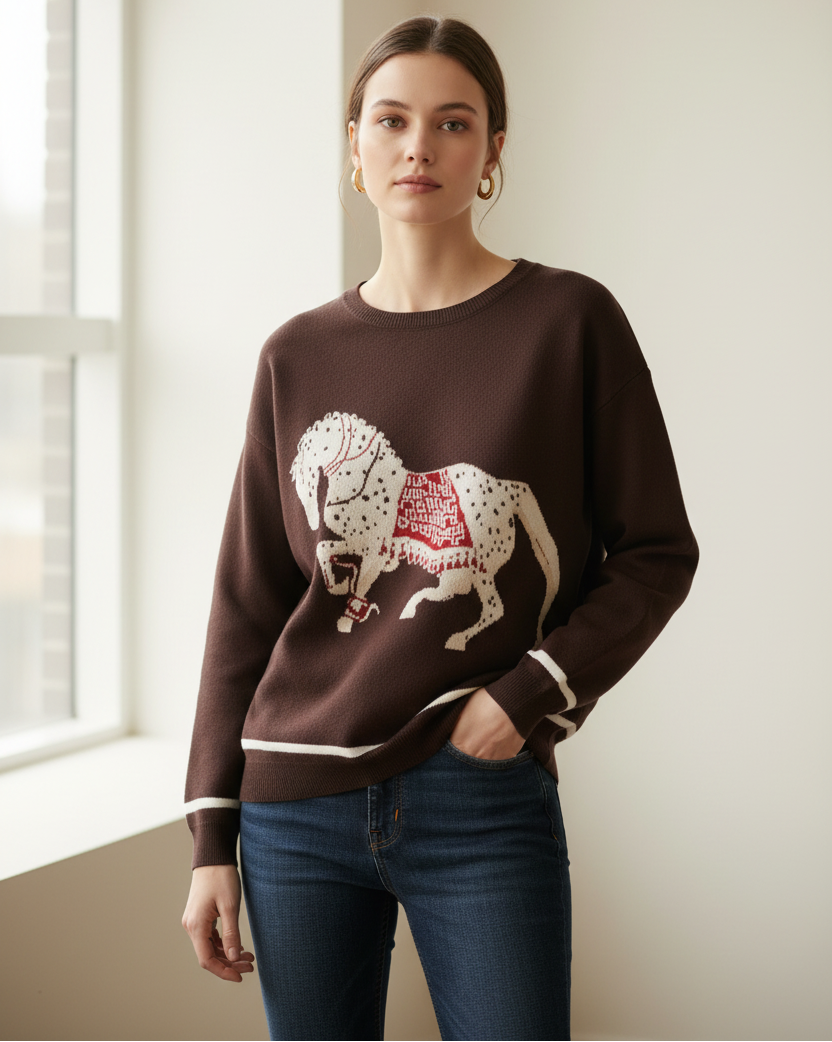 Striktrøje med broderet hest og rund hals | Cécile Wang Tøj Cécile Wang