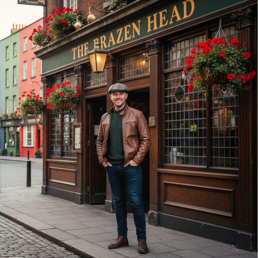 Mand med ternet Celtic Ore Tweed kasket i Dublin