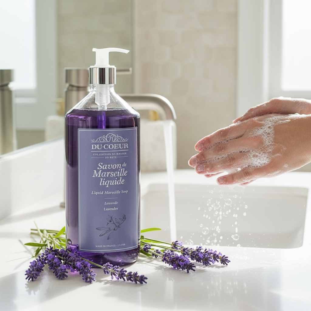 Marseille Flydende Sæbe Lavendel 1L - Du Coeur med Pumpe Marseille sæbe Du Coeur