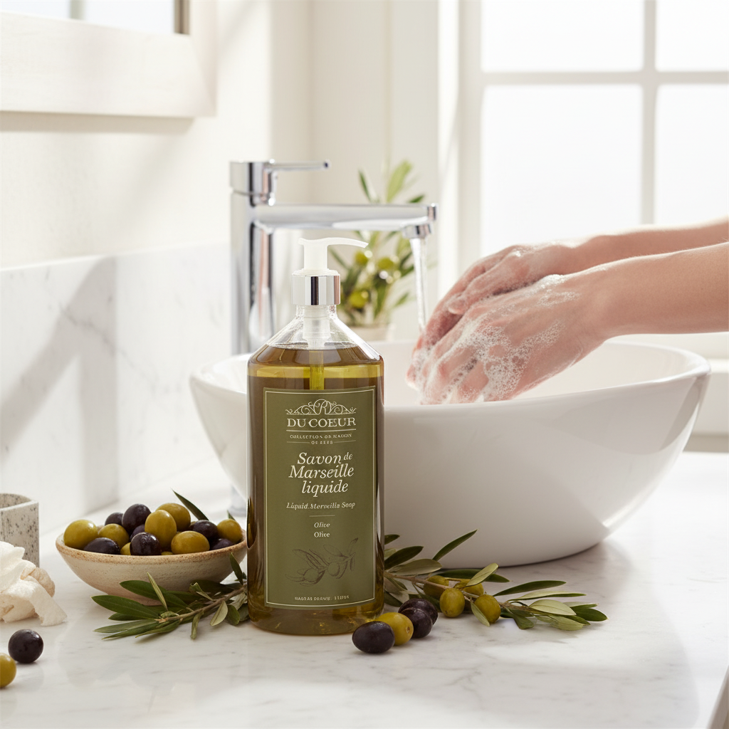 Marseille Flydende Sæbe Oliven 1L - Du Coeur med Pumpe Marseille sæbe Du Coeur