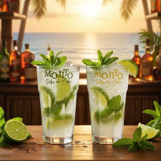 Mojito glas ved eksotisk bar med drinks