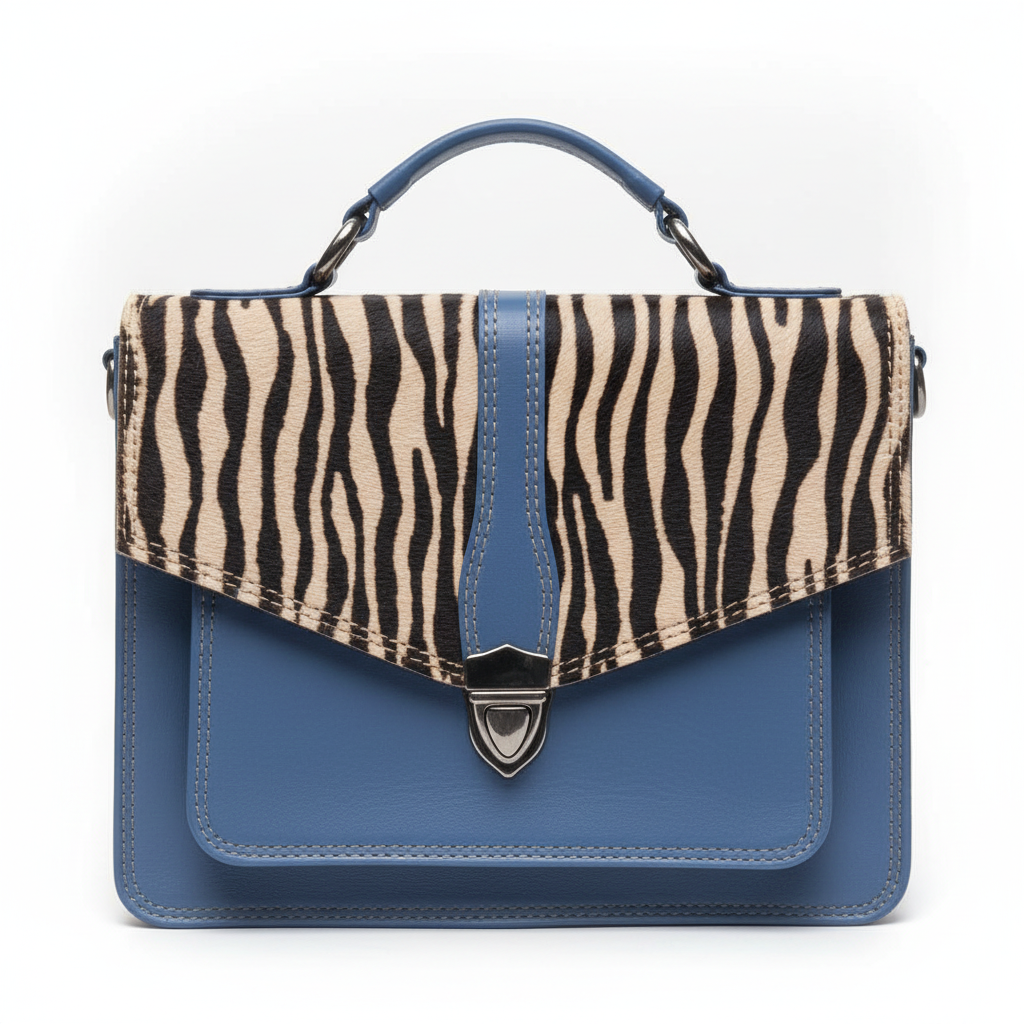 Skuldertaske Rita i genanvendt læder flere farver Saora Blå læder zebra pels