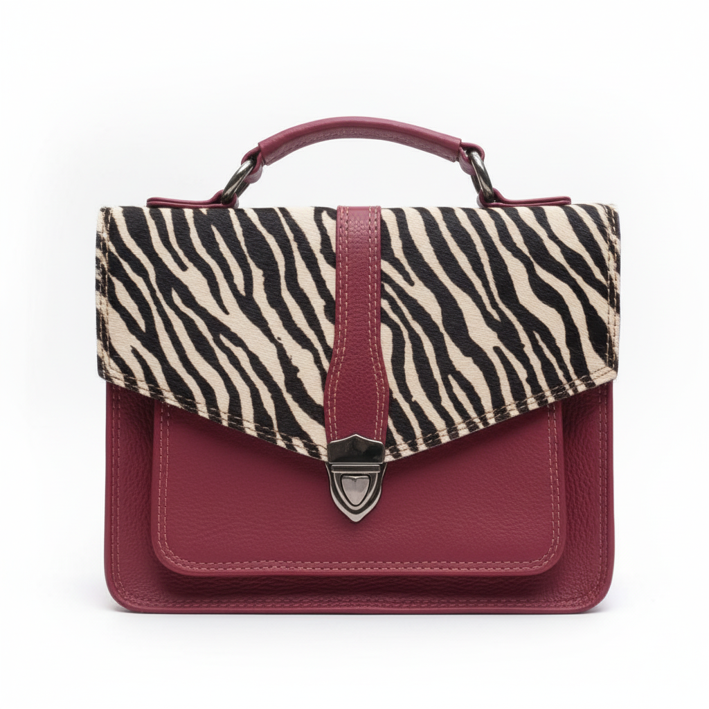 Skuldertaske Rita i genanvendt læder flere farver Saora Pink med zebra pels