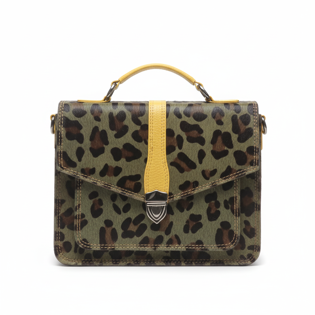 Skuldertaske Rita i genanvendt læder flere farver Saora Army grøn Leopard Pels