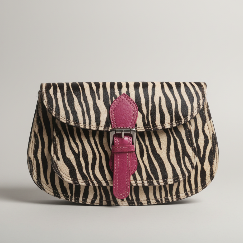 Skuldertaske i ægte læder ROND FUNKI - Saora Saora Zebra Pels med pink lås