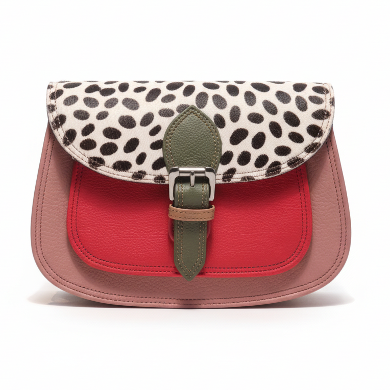 Skuldertaske i ægte læder ROND FUNKI - Saora Saora Pink med prikket pels